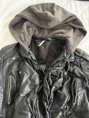 Free People Black Faux Leather Bomber Jacket with Brown Hood